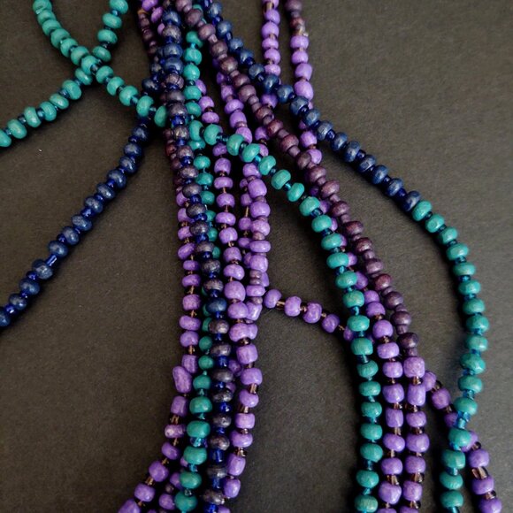 Green, shades of purple and blue layered multi strand beaded necklace - Picture 9 of 13